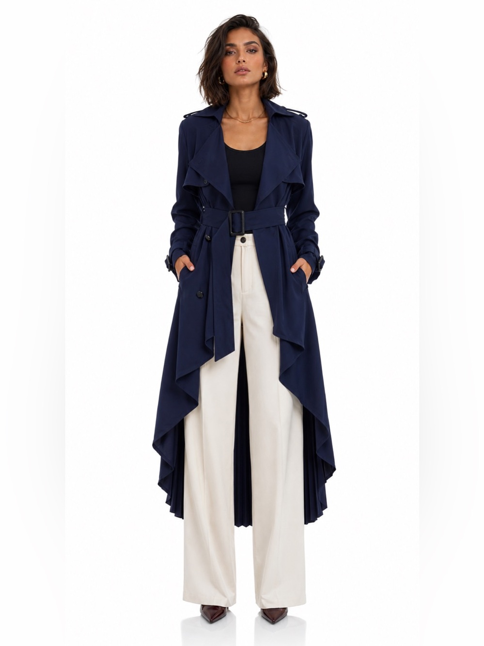 TOV Holy Navy Pleated Double Breasted Belted Maxi Dress Trench Coat 42 L Large